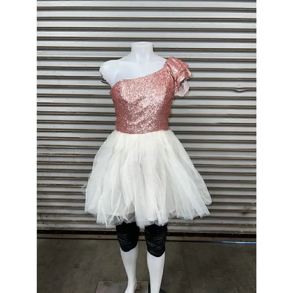 Asos dress evening tulle skirt pink sequined tip asymmetrical one sleeve